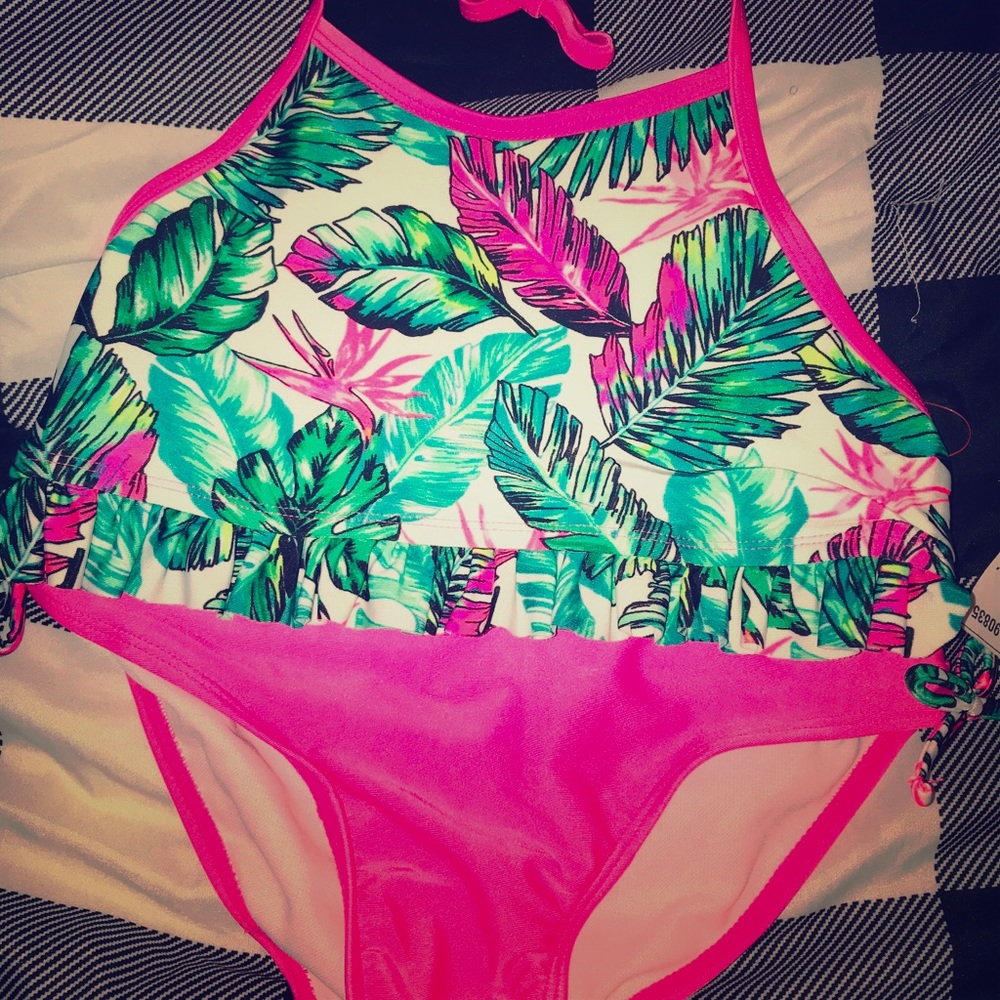 Cat and Jack Floral Pink & Green Leaf Swimset